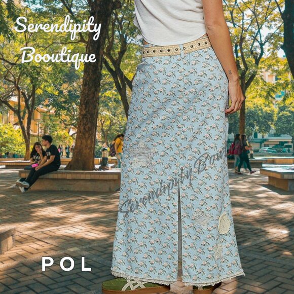 POL Boho Pastels with a Grunge Flare Patchwork Floral Raw Edge Denim Jean Skirt - Picture 3 of 8